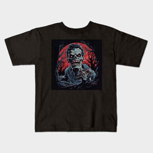 scary zombie with red eyes and red moon in background,halloween design Kids T-Shirt by Maverick Media